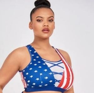 Stars and Stripes Criss Cross Sports Bra ( 2X / 16 / 18)